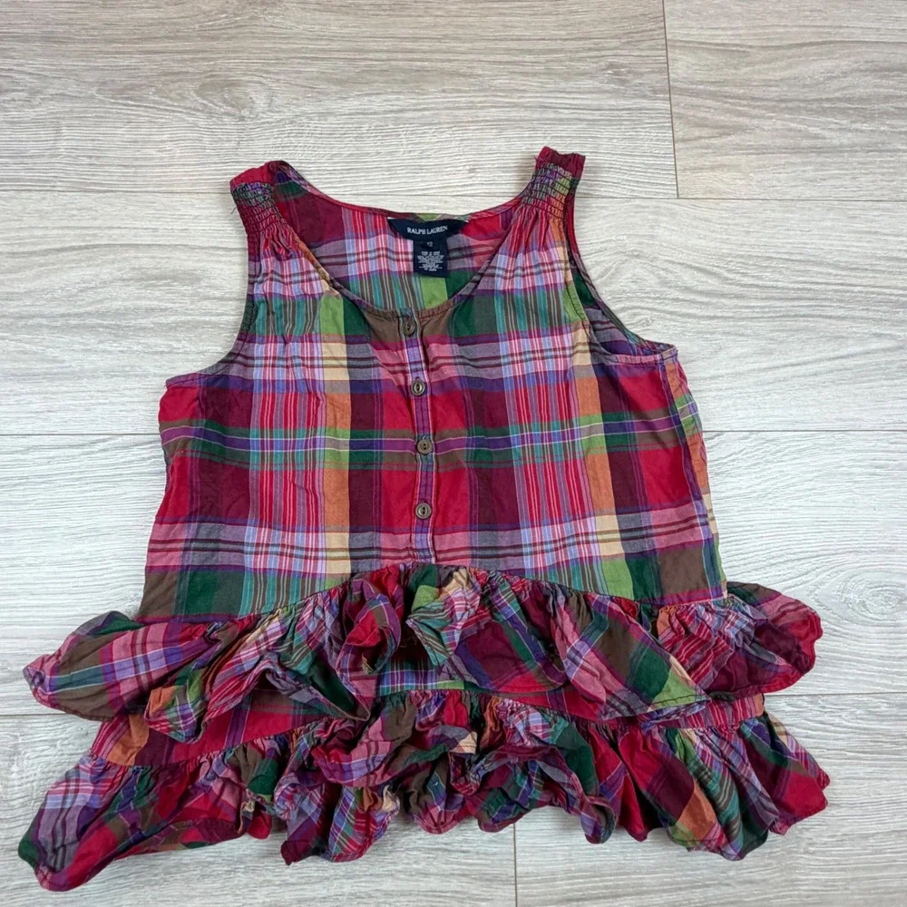 Ralph Lauren‎ Kids Plaid Ruffle Tank Top Dress Size 12 Red Green Cotton Madras